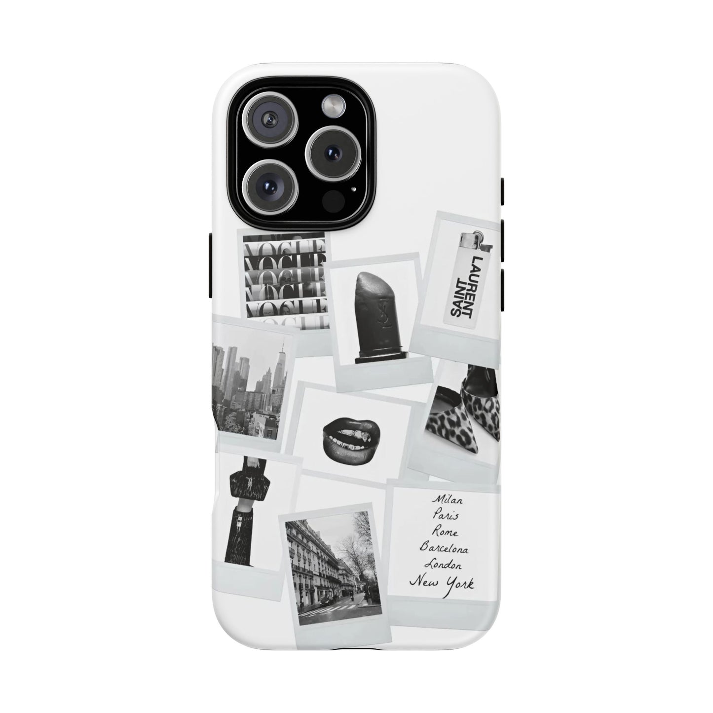 Phone Case — Black & White Polaroid Collage (City, Fashion, Lipstick)