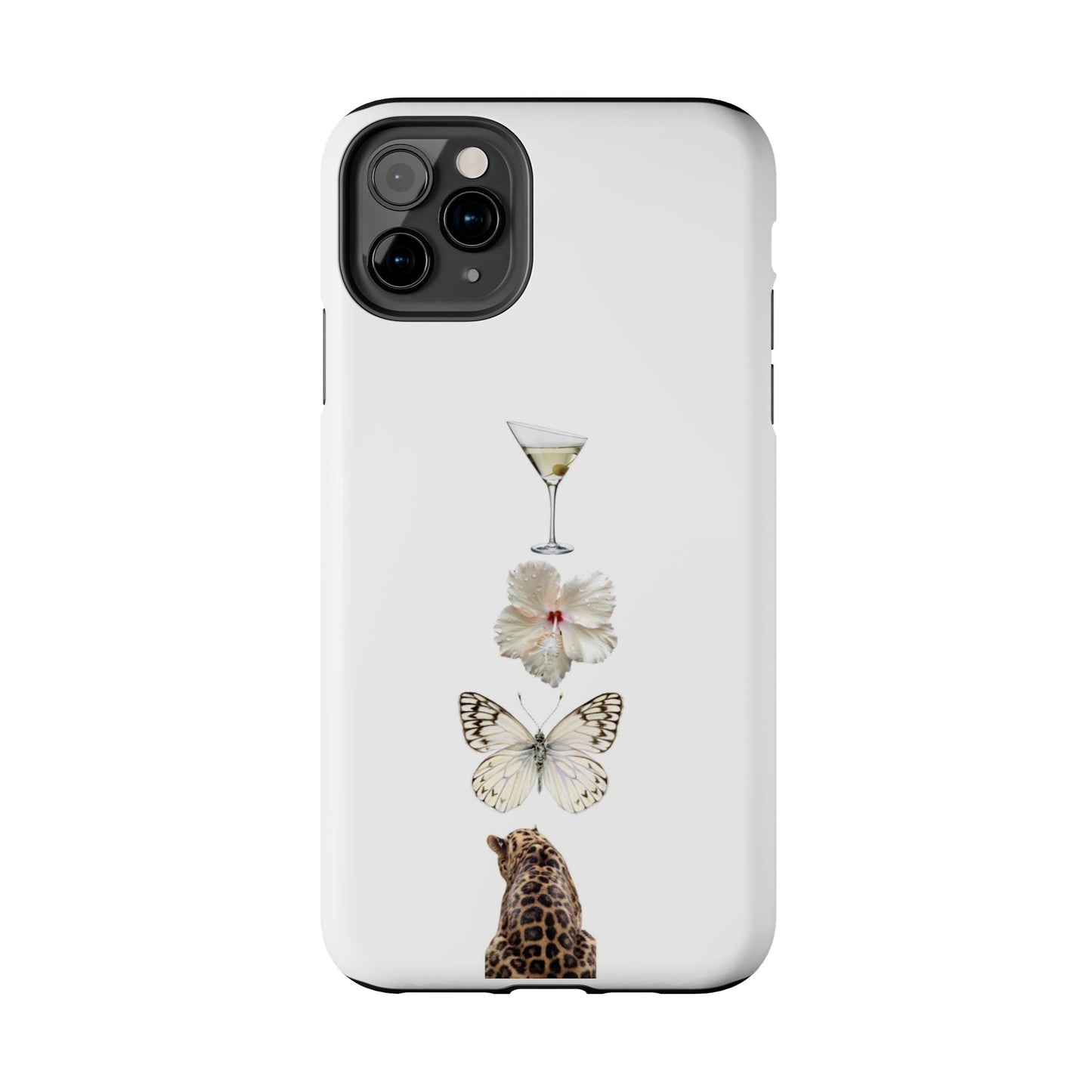 Elegant Nature-Inspired Tough Phone Case with Martini, Flower, Butterfly, and Leopard Design