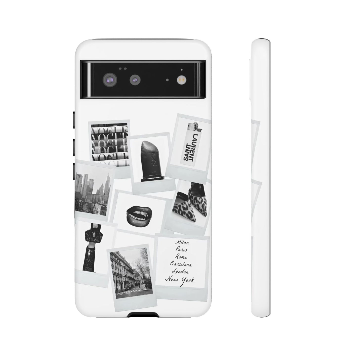 Phone Case — Black & White Polaroid Collage (City, Fashion, Lipstick)