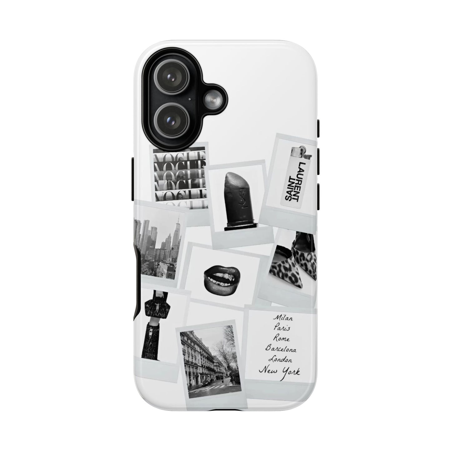 Phone Case — Black & White Polaroid Collage (City, Fashion, Lipstick)
