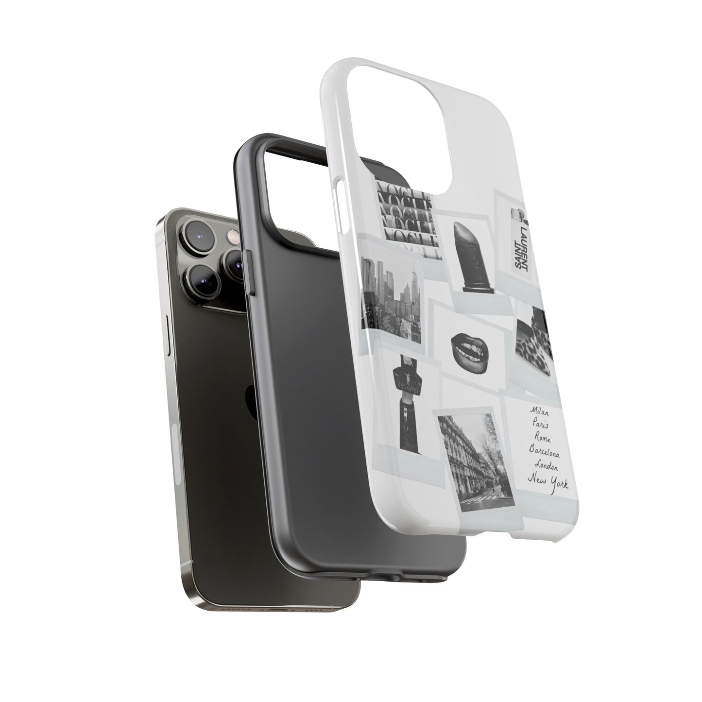 Phone Case — Black & White Polaroid Collage (City, Fashion, Lipstick)