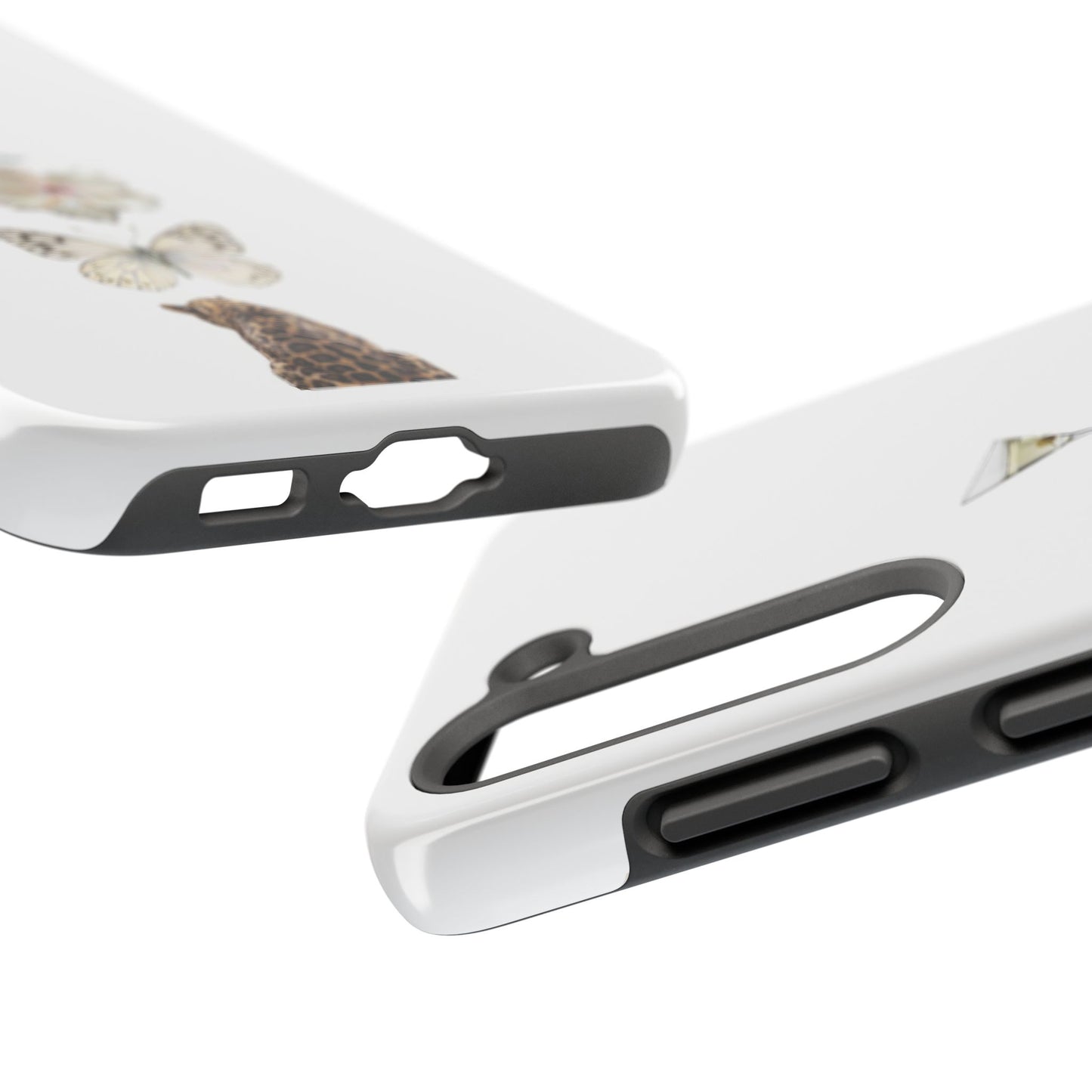 Elegant Nature-Inspired Tough Phone Case with Martini, Flower, Butterfly, and Leopard Design