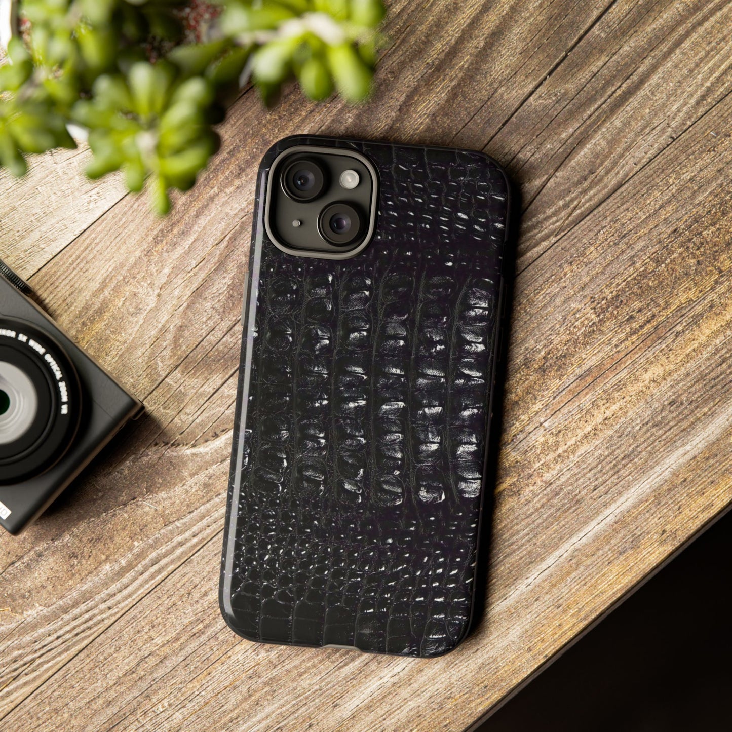 Black Croc Texture Tough Phone Case — Rugged Protective iPhone Cover