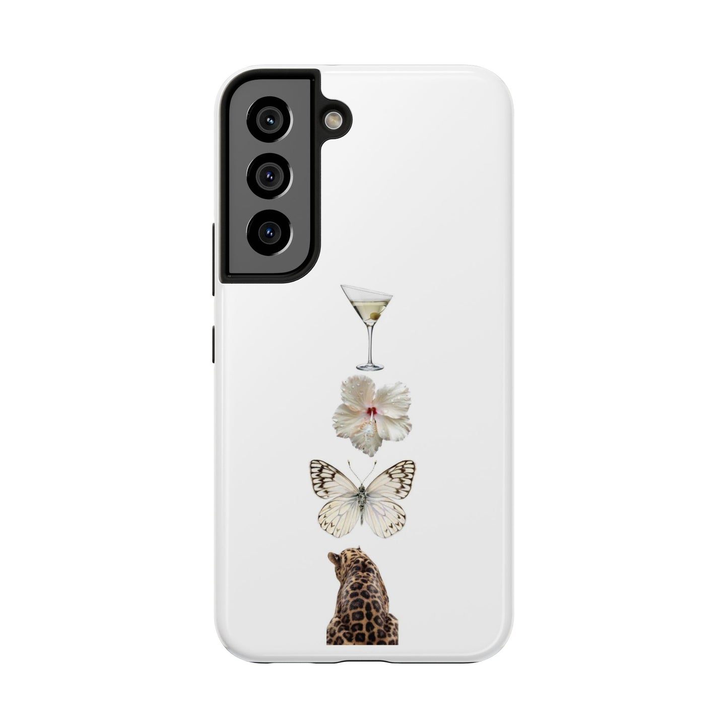 Elegant Nature-Inspired Tough Phone Case with Martini, Flower, Butterfly, and Leopard Design