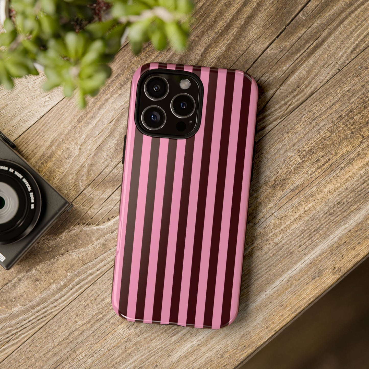 Striped Pink & Burgundy Tough Phone Case — Durable Vertical Stripe Protection
