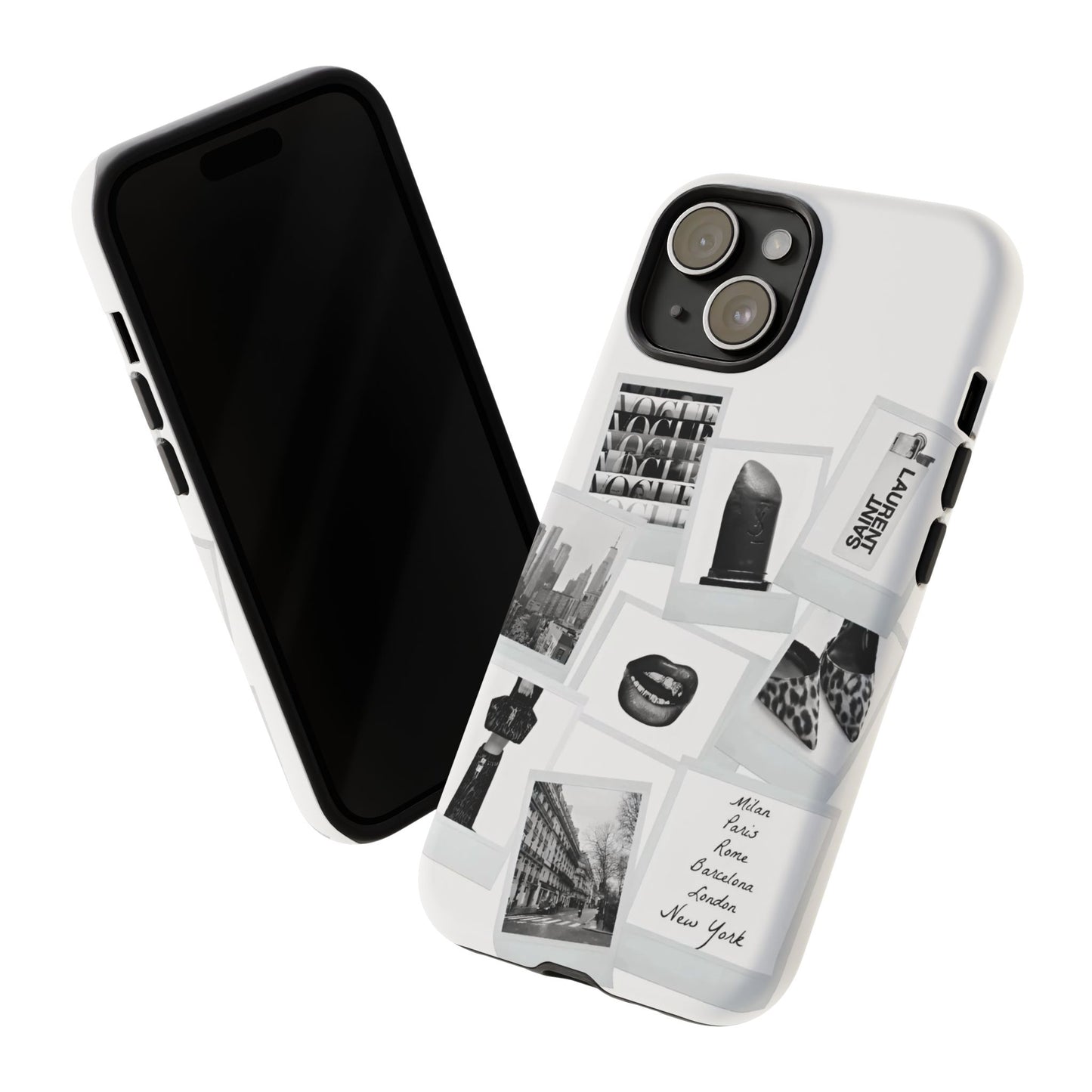 Phone Case — Black & White Polaroid Collage (City, Fashion, Lipstick)