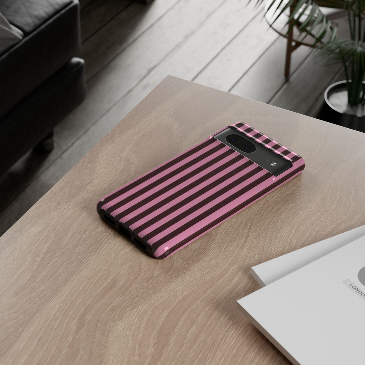 Striped Pink & Burgundy Tough Phone Case — Durable Vertical Stripe Protection