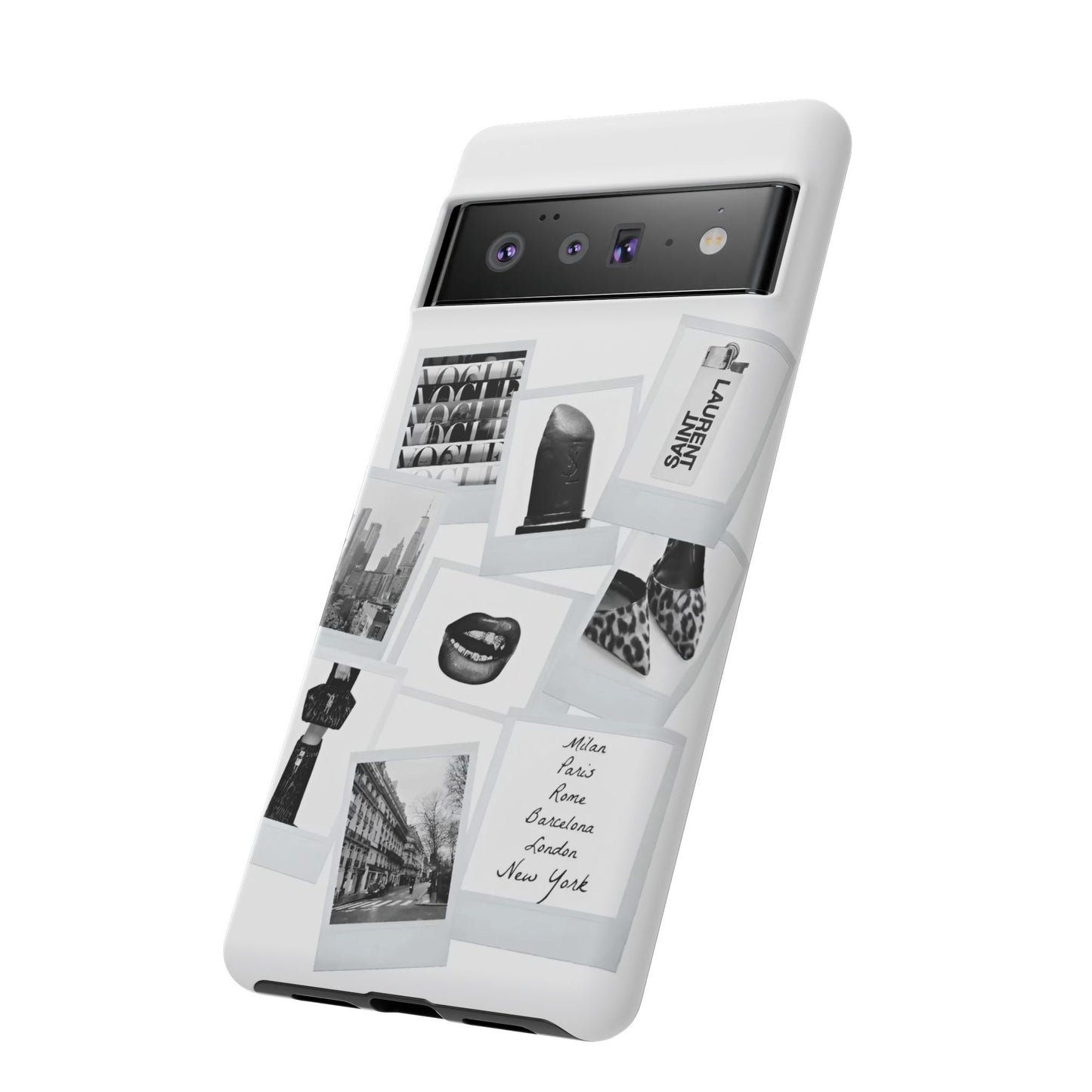 Phone Case — Black & White Polaroid Collage (City, Fashion, Lipstick)