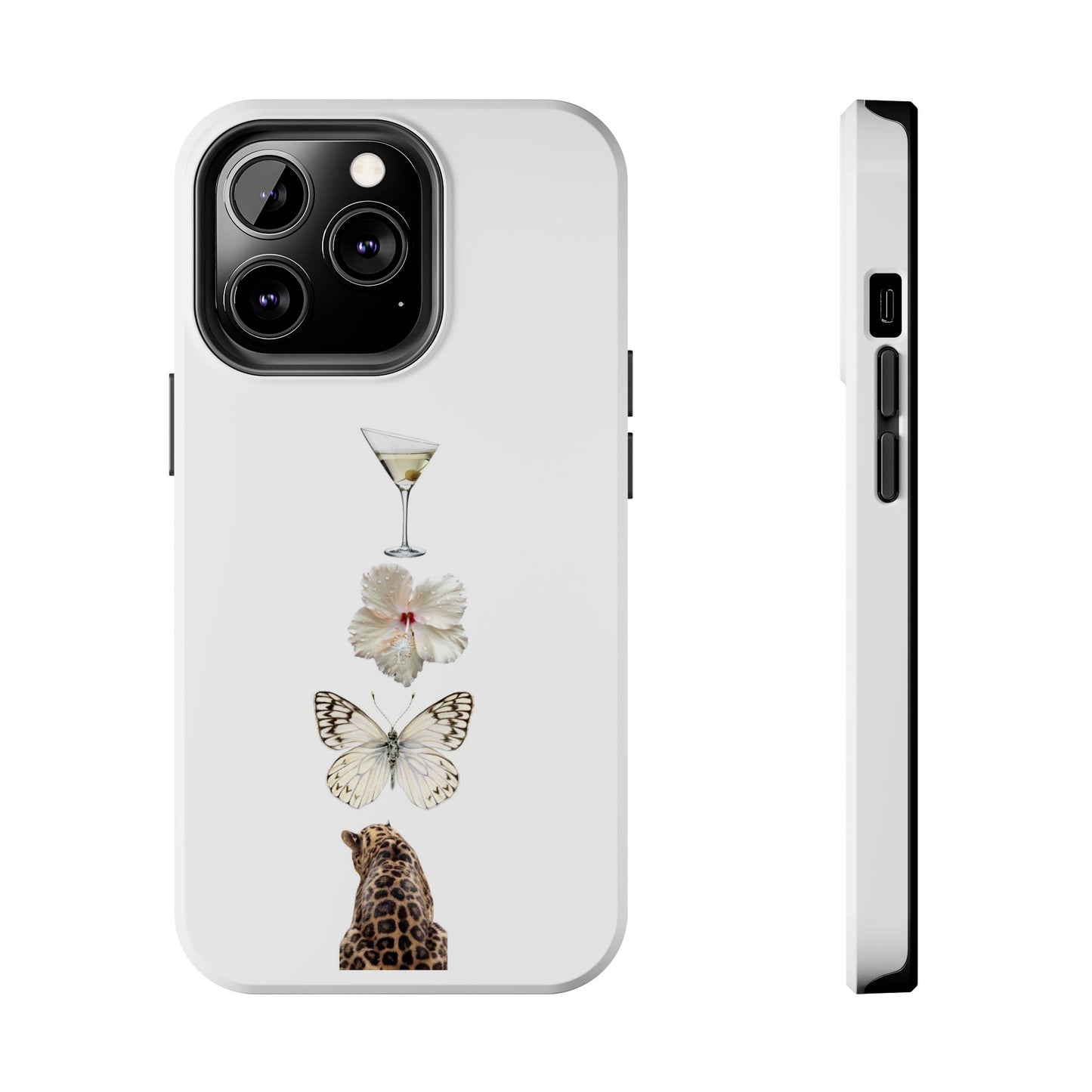 Elegant Nature-Inspired Tough Phone Case with Martini, Flower, Butterfly, and Leopard Design