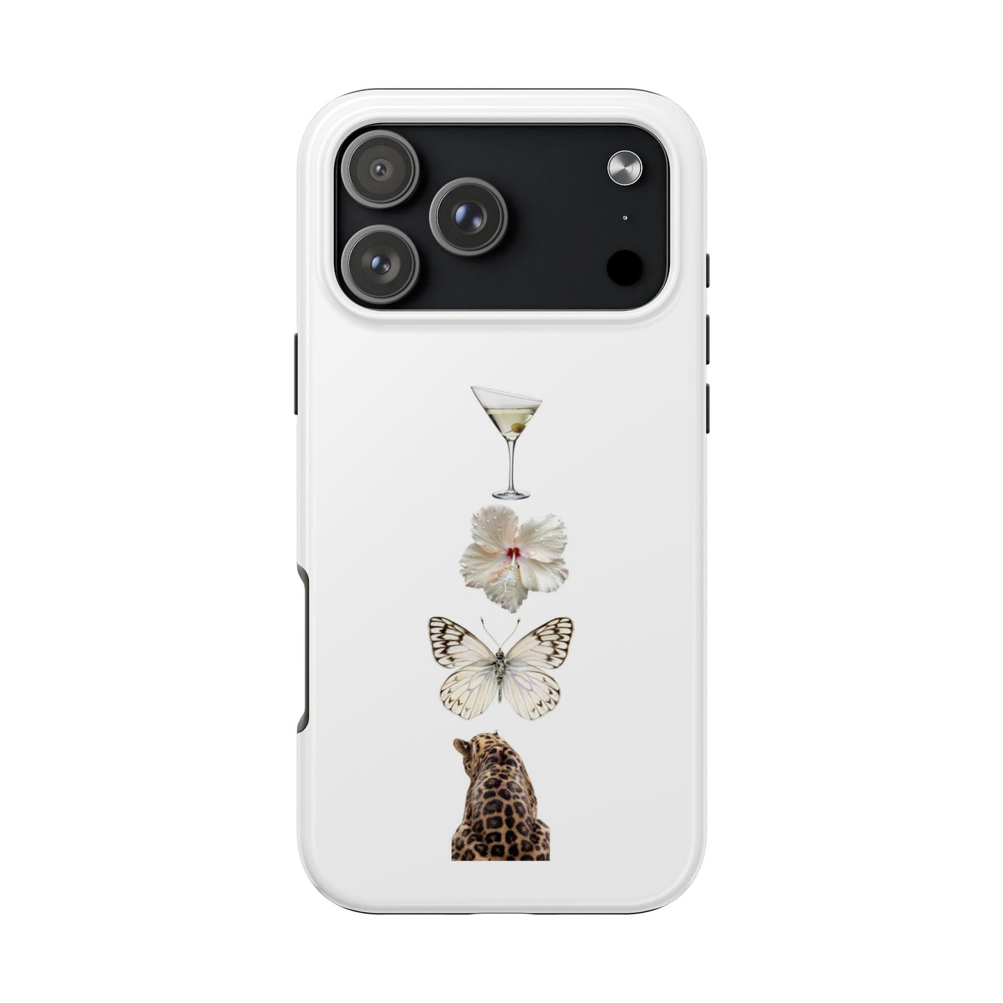 Elegant Nature-Inspired Tough Phone Case with Martini, Flower, Butterfly, and Leopard Design