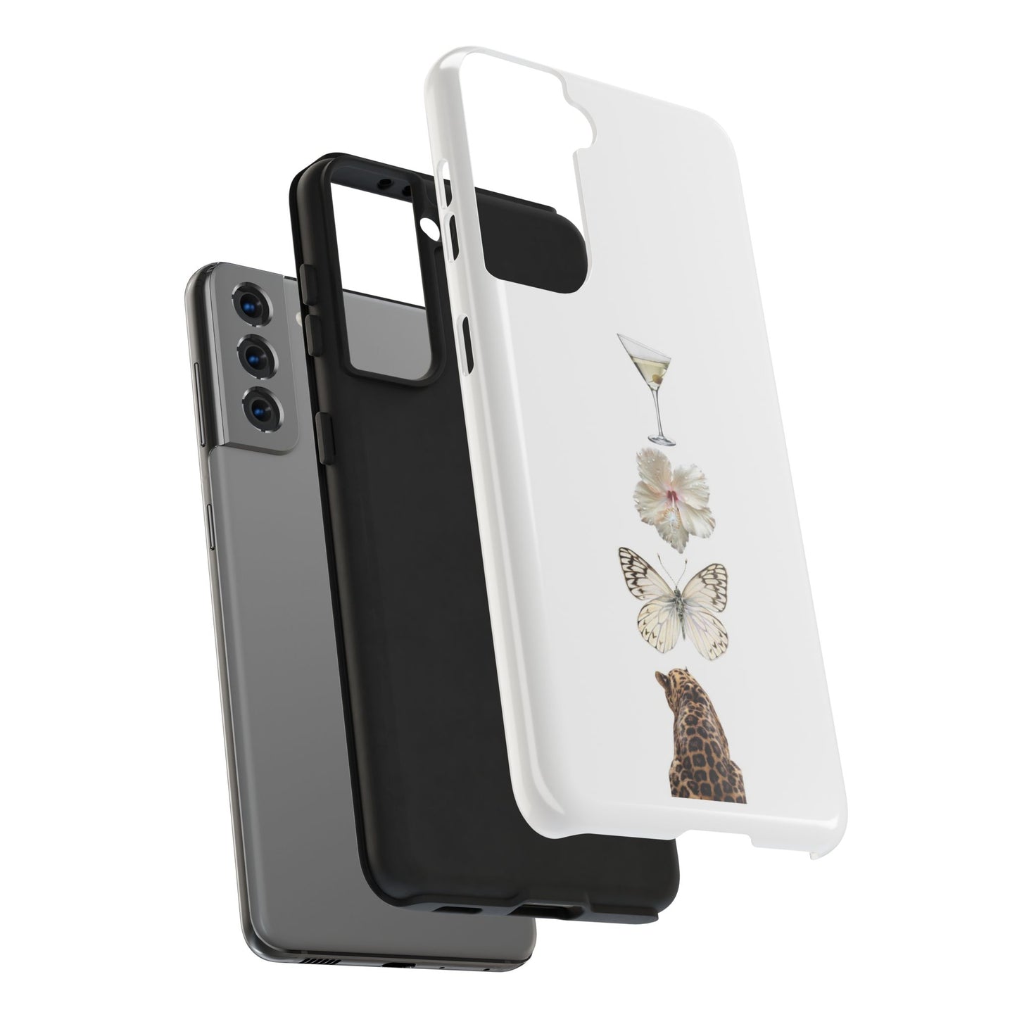 Elegant Nature-Inspired Tough Phone Case with Martini, Flower, Butterfly, and Leopard Design