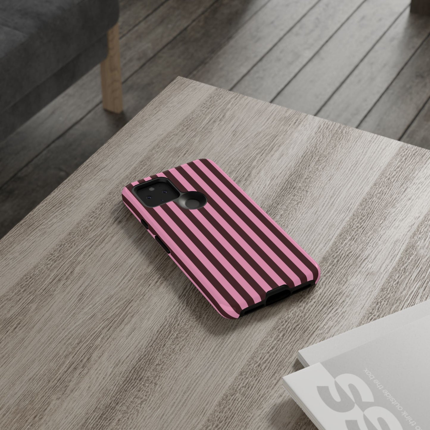 Striped Pink & Burgundy Tough Phone Case — Durable Vertical Stripe Protection