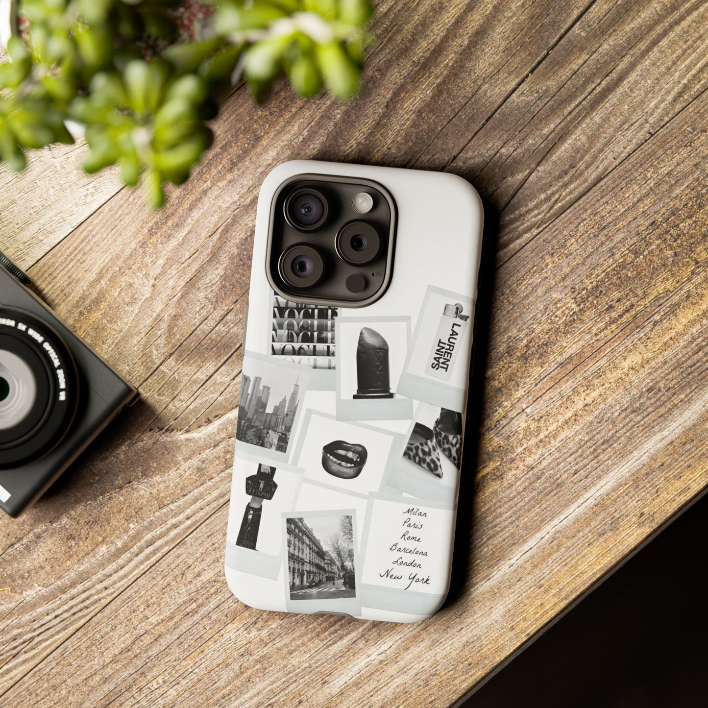Phone Case — Black & White Polaroid Collage (City, Fashion, Lipstick)