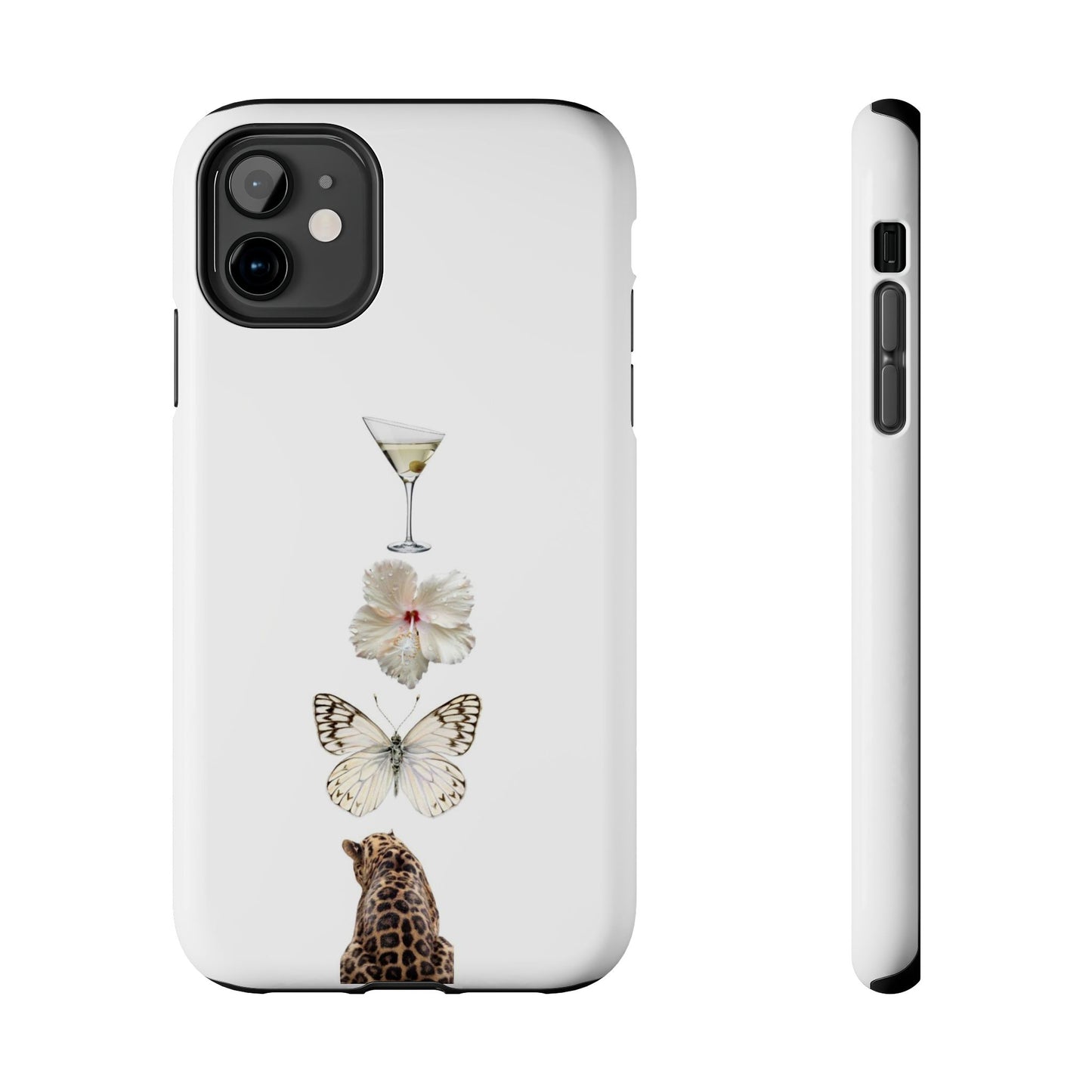 Elegant Nature-Inspired Tough Phone Case with Martini, Flower, Butterfly, and Leopard Design