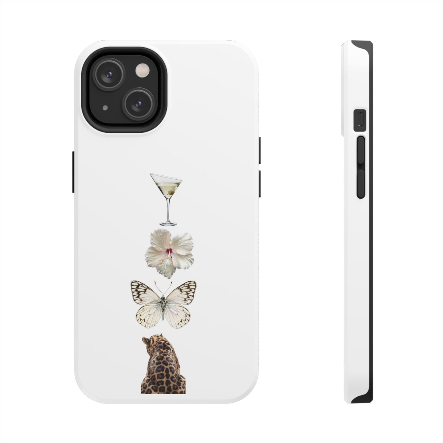 Elegant Nature-Inspired Tough Phone Case with Martini, Flower, Butterfly, and Leopard Design
