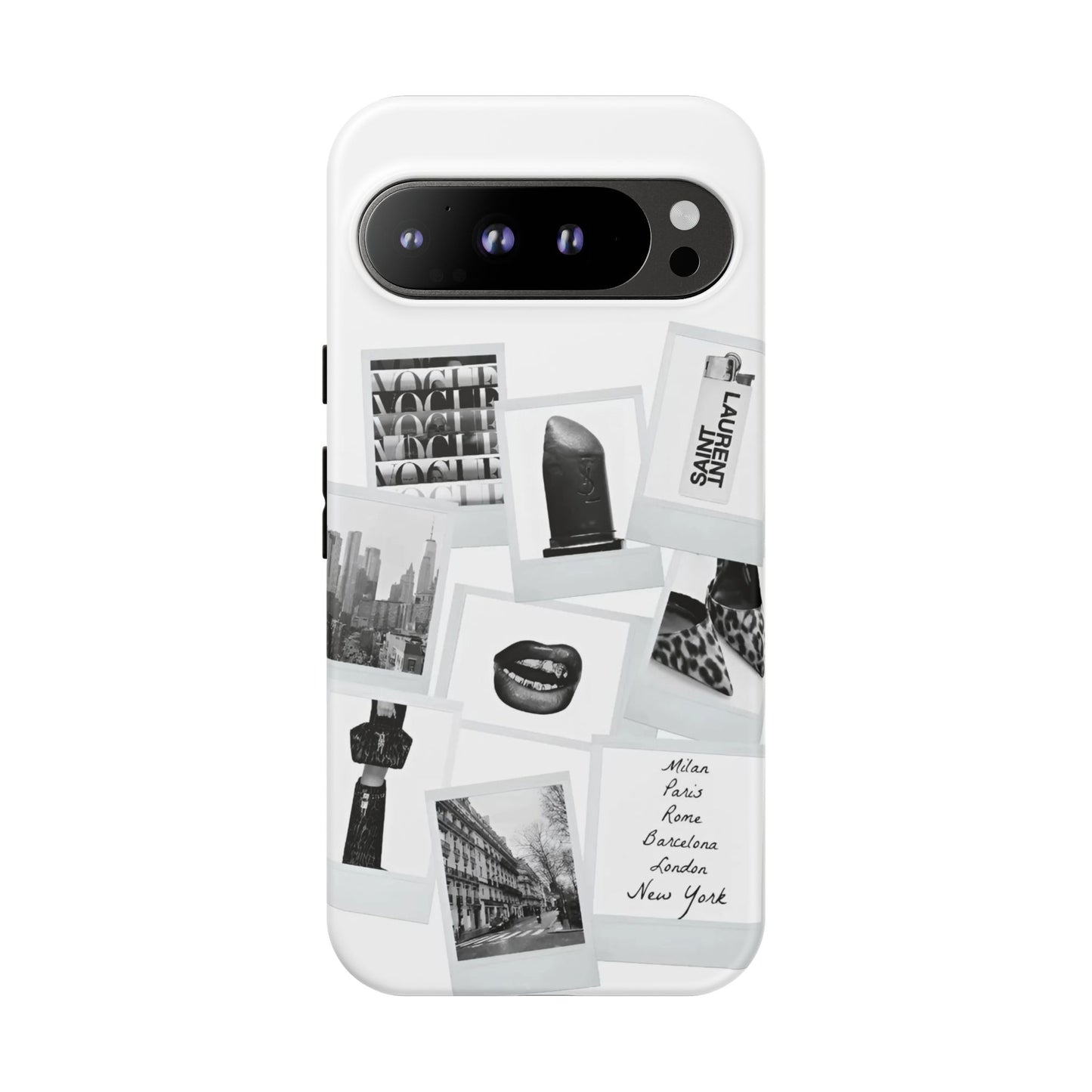 Phone Case — Black & White Polaroid Collage (City, Fashion, Lipstick)