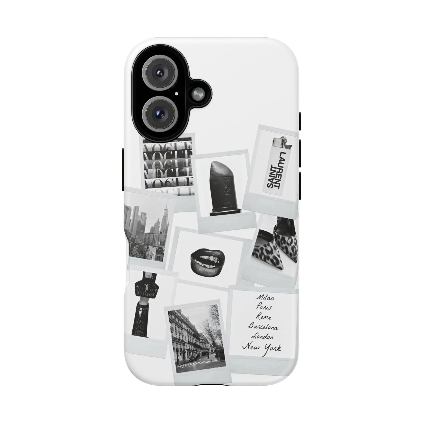 Phone Case — Black & White Polaroid Collage (City, Fashion, Lipstick)