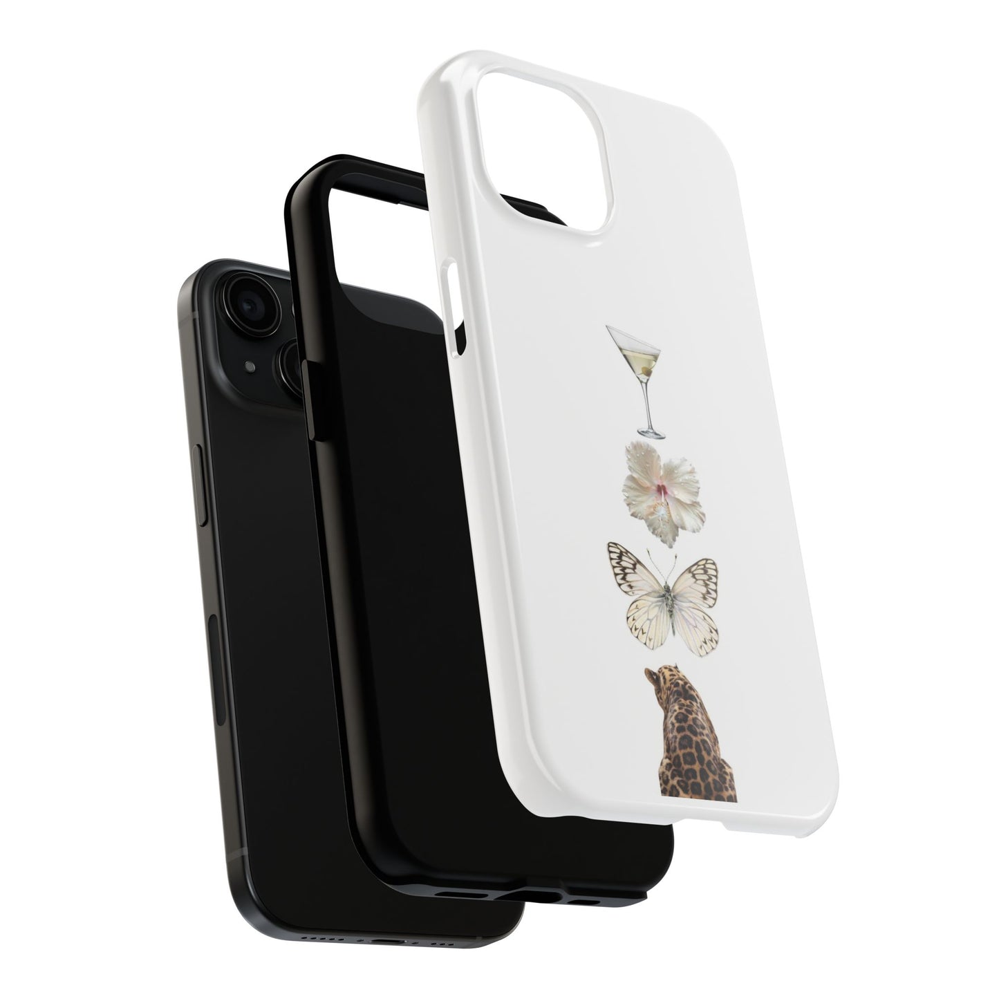 Elegant Nature-Inspired Tough Phone Case with Martini, Flower, Butterfly, and Leopard Design