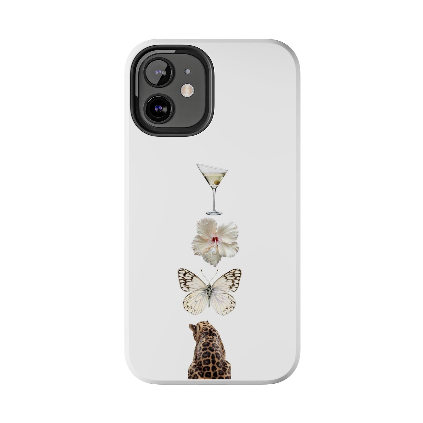Elegant Nature-Inspired Tough Phone Case with Martini, Flower, Butterfly, and Leopard Design
