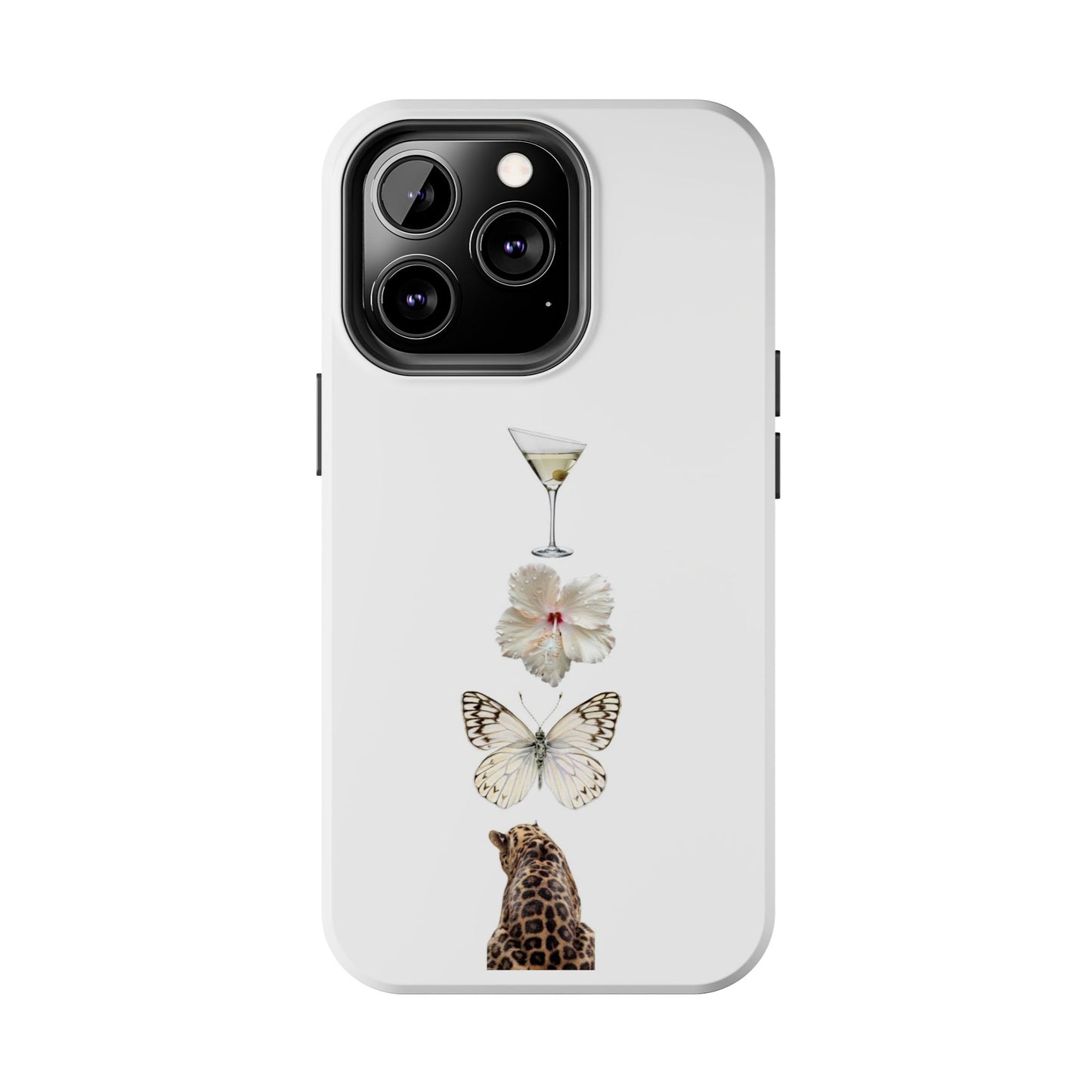 Elegant Nature-Inspired Tough Phone Case with Martini, Flower, Butterfly, and Leopard Design