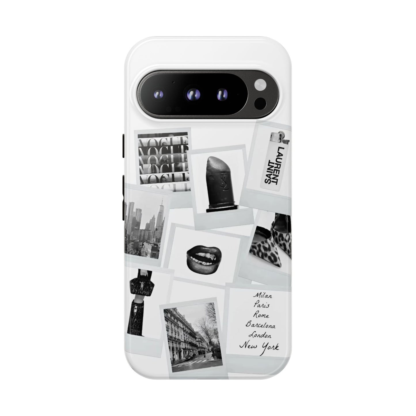 Phone Case — Black & White Polaroid Collage (City, Fashion, Lipstick)