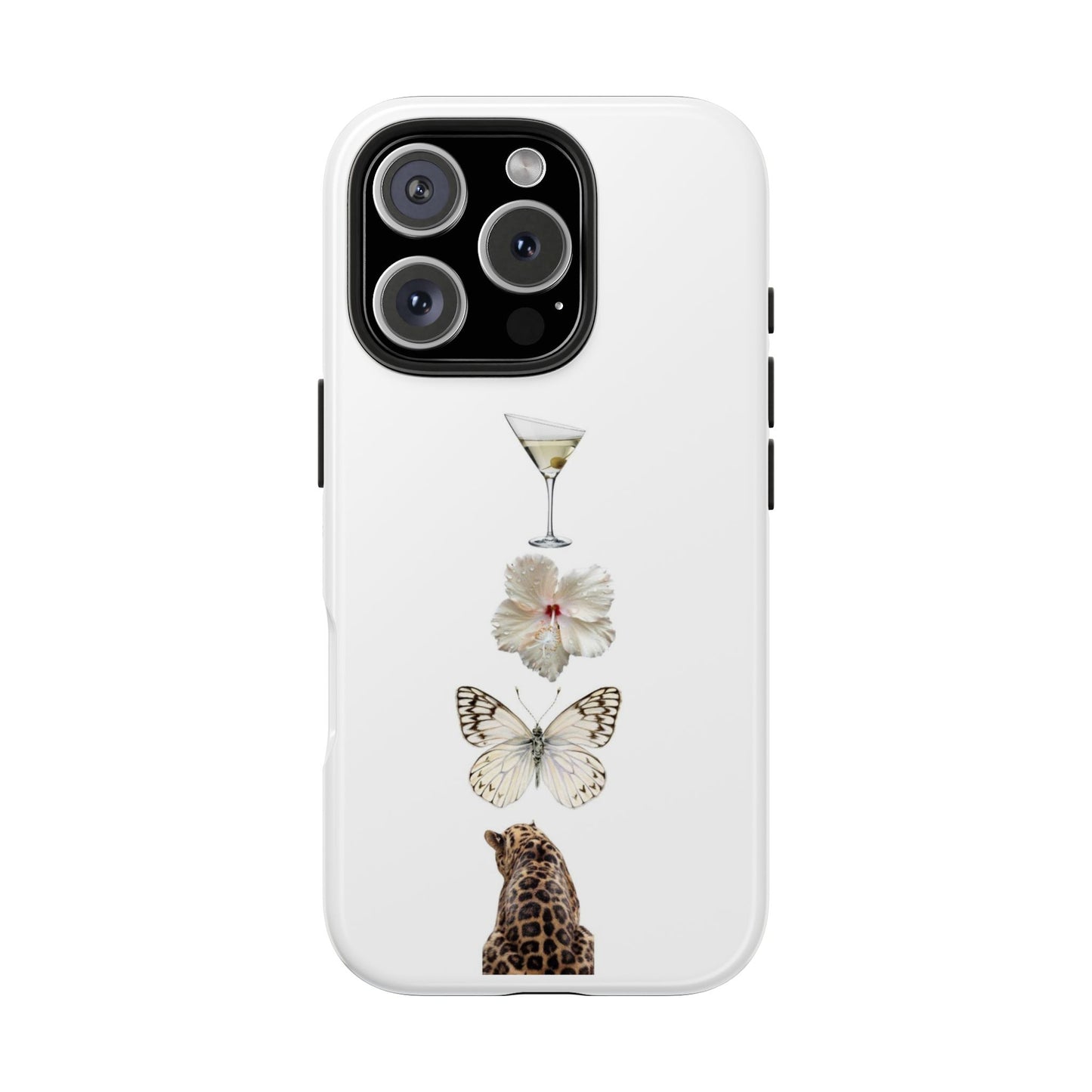 Elegant Nature-Inspired Tough Phone Case with Martini, Flower, Butterfly, and Leopard Design