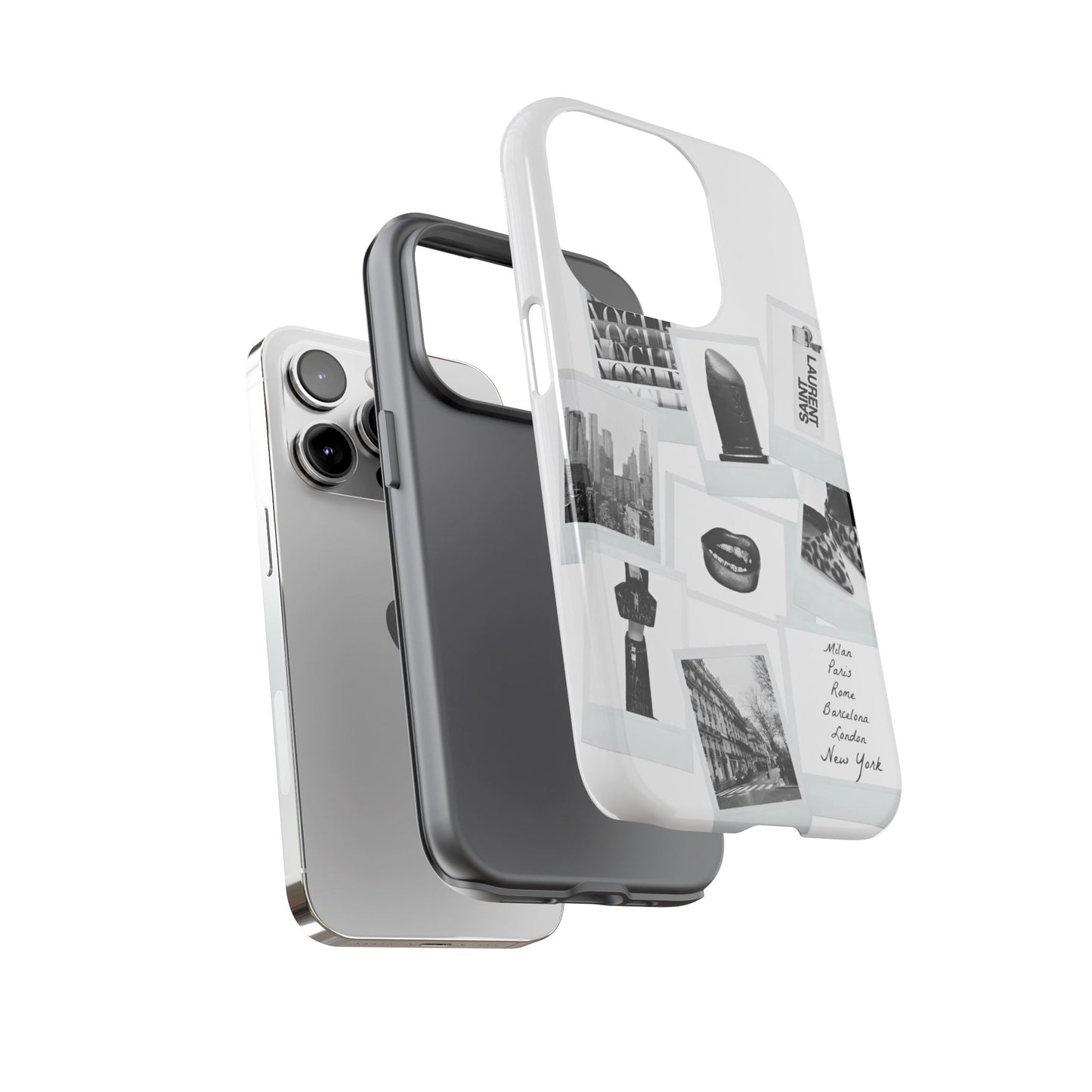 Phone Case — Black & White Polaroid Collage (City, Fashion, Lipstick)