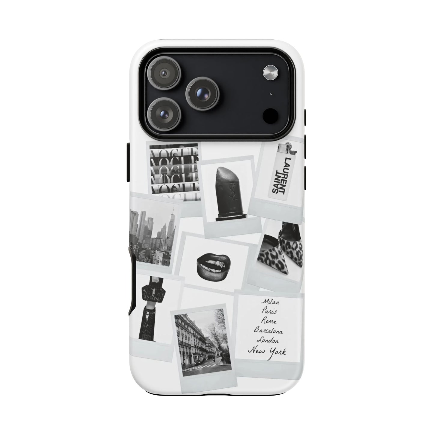 Phone Case — Black & White Polaroid Collage (City, Fashion, Lipstick)