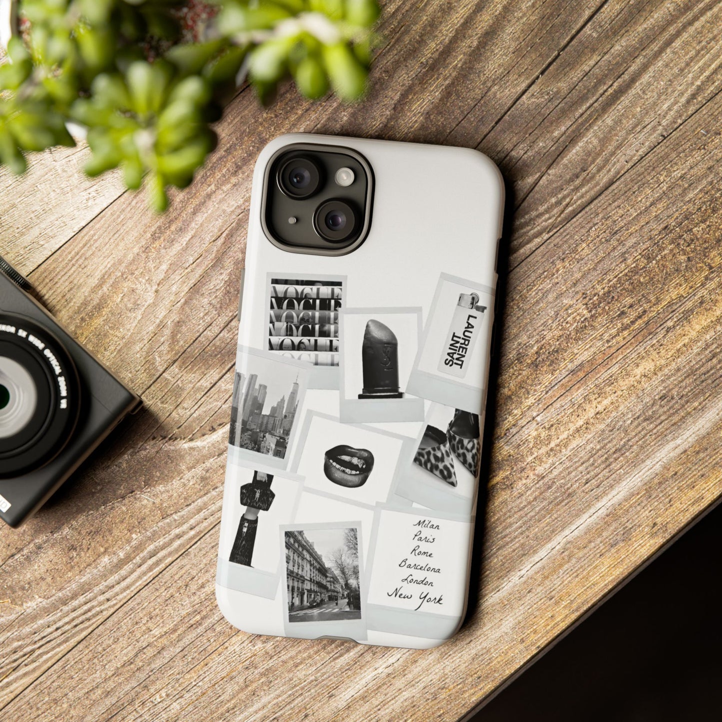 Phone Case — Black & White Polaroid Collage (City, Fashion, Lipstick)