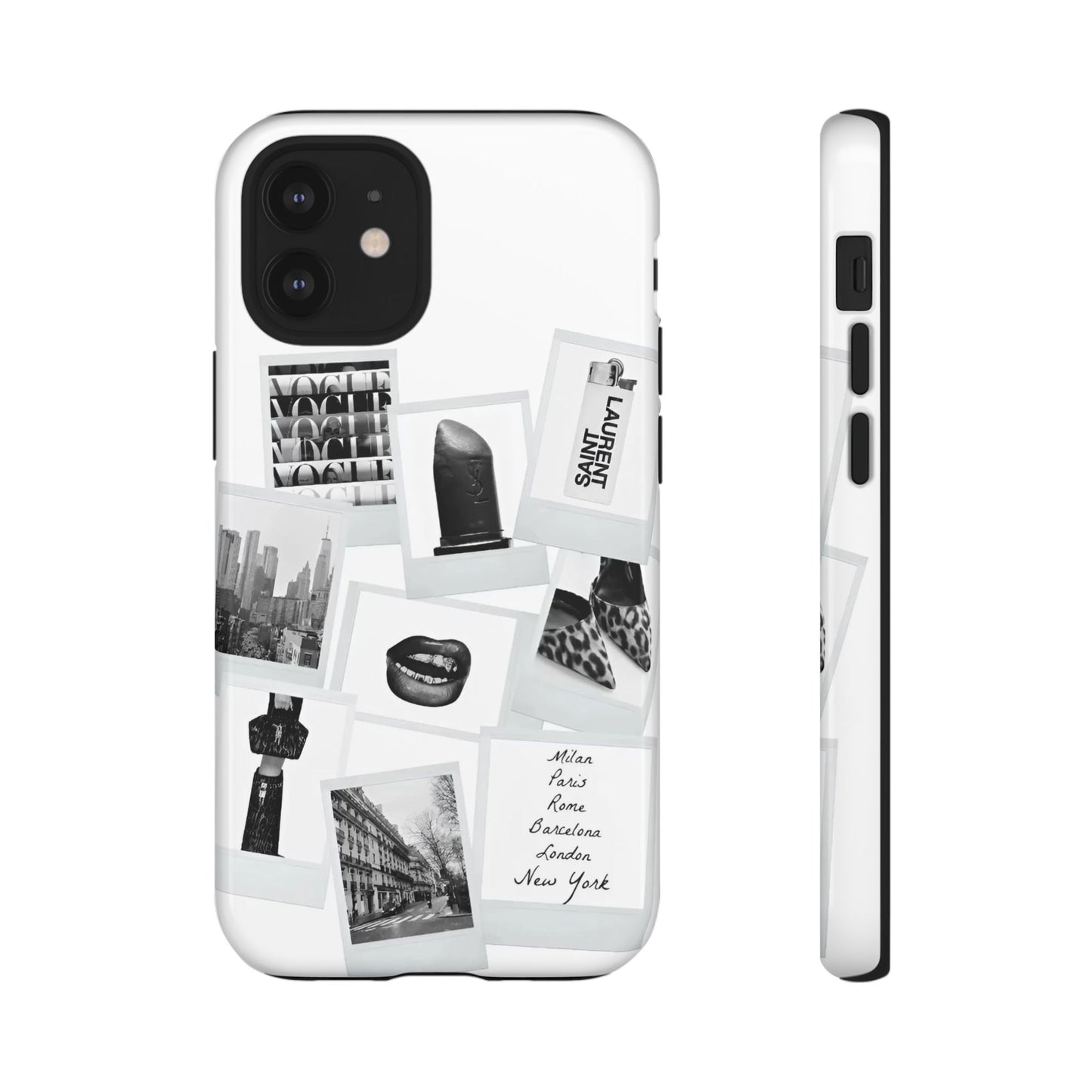 Phone Case — Black & White Polaroid Collage (City, Fashion, Lipstick)