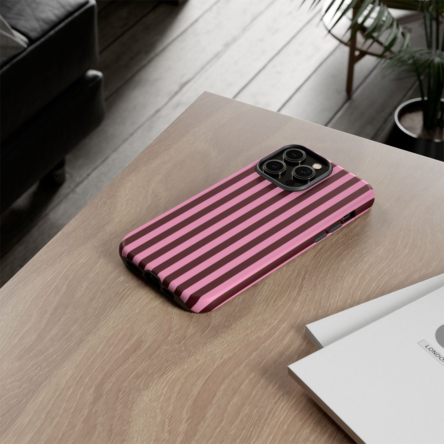 Striped Pink & Burgundy Tough Phone Case — Durable Vertical Stripe Protection