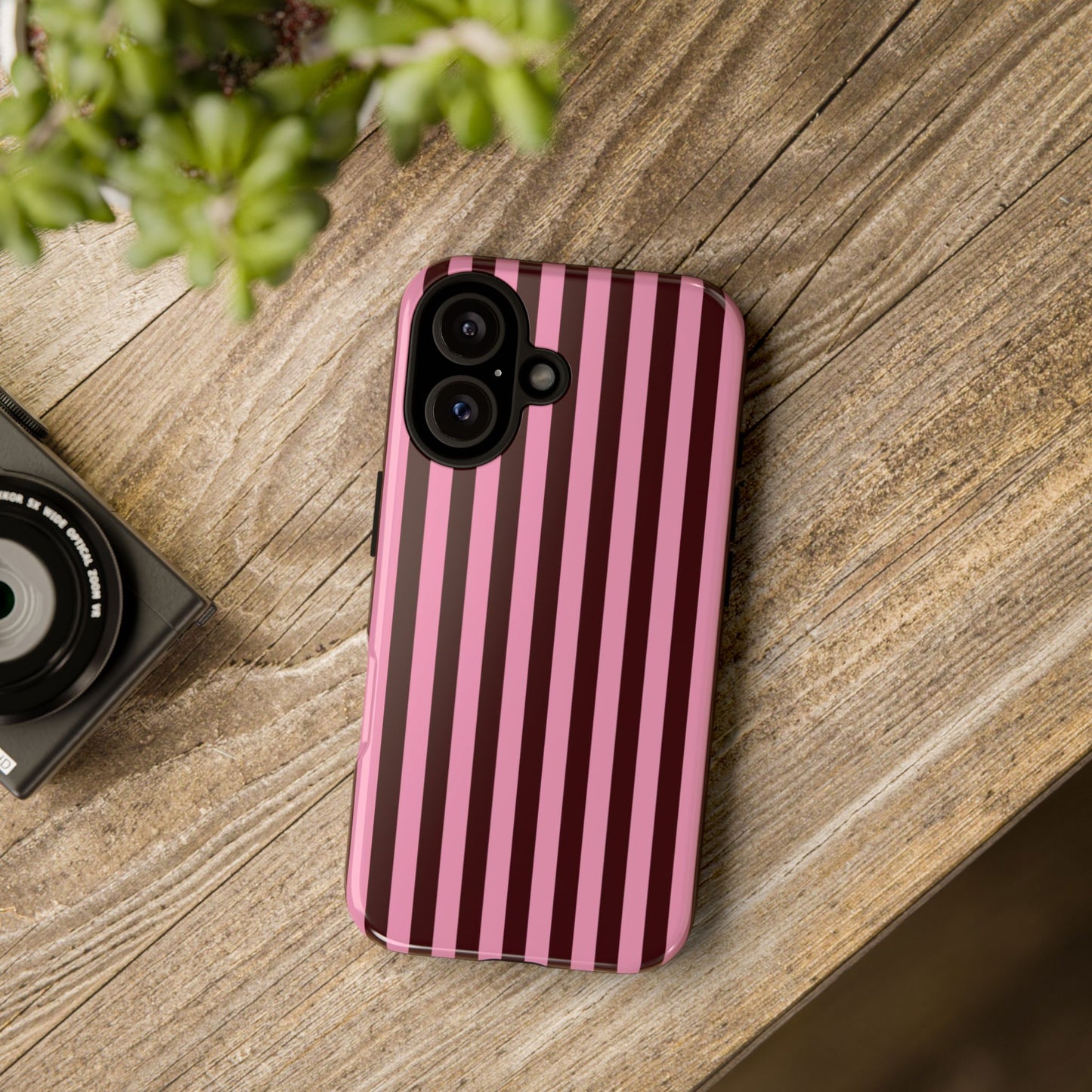 Striped Pink & Burgundy Tough Phone Case — Durable Vertical Stripe Protection