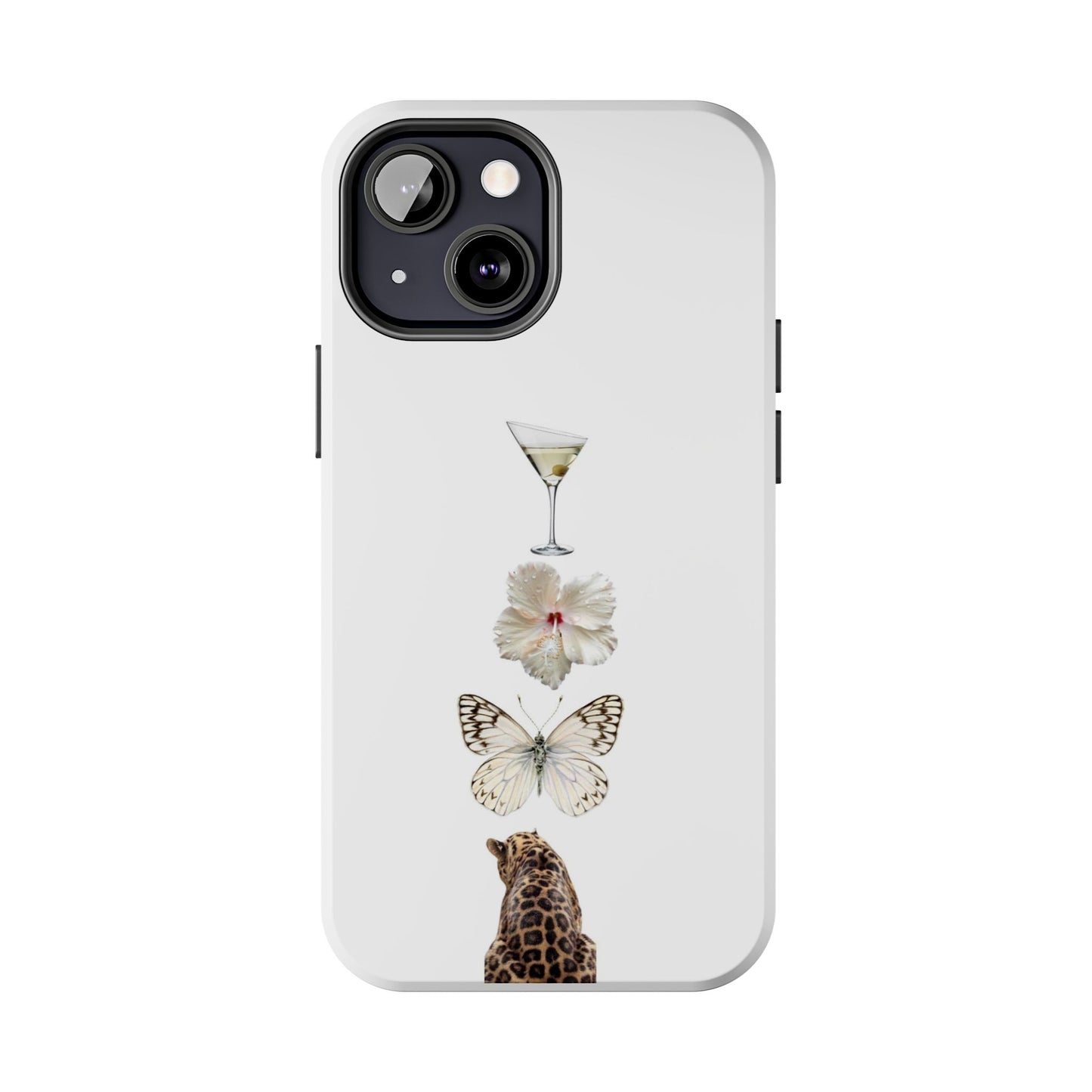 Elegant Nature-Inspired Tough Phone Case with Martini, Flower, Butterfly, and Leopard Design