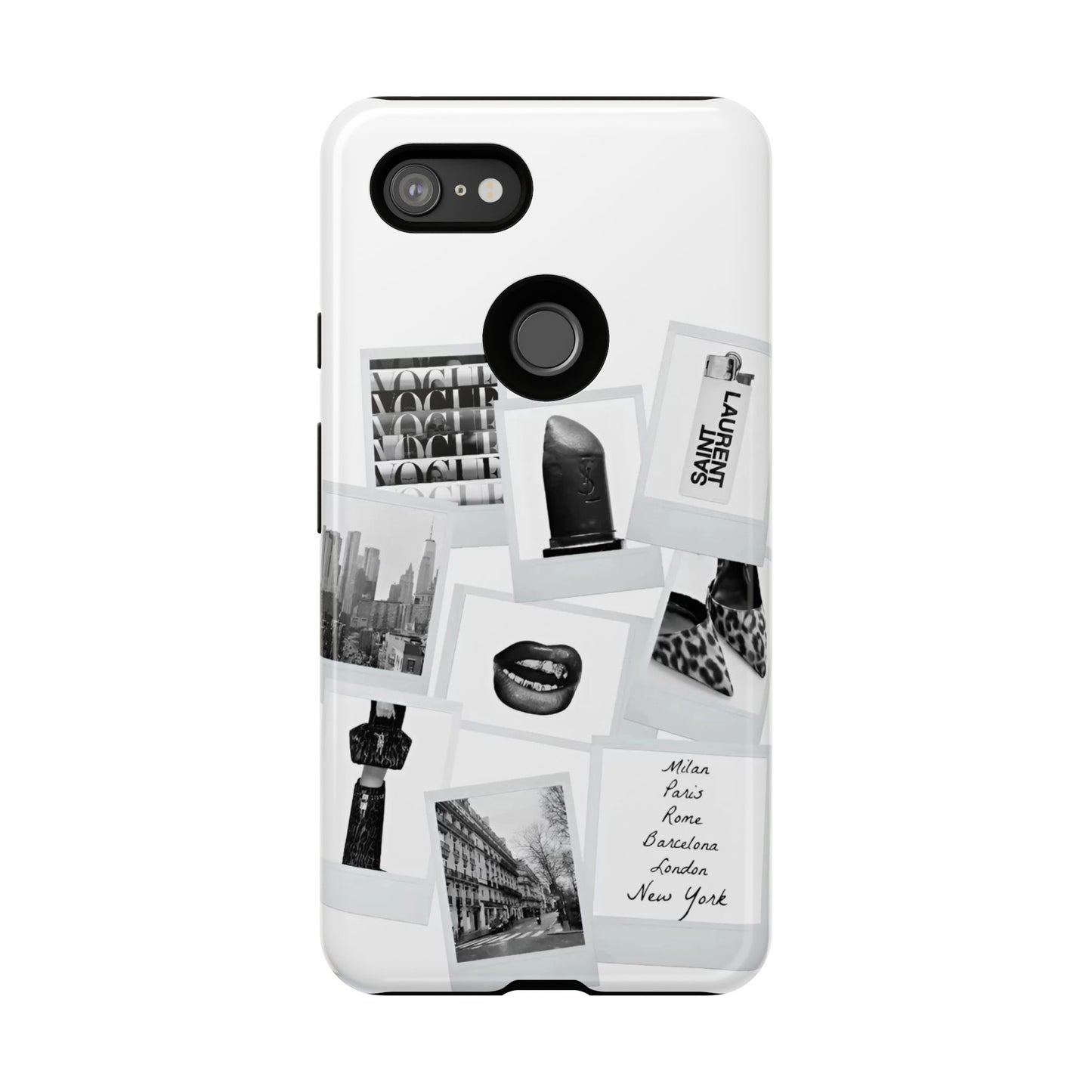Phone Case — Black & White Polaroid Collage (City, Fashion, Lipstick)