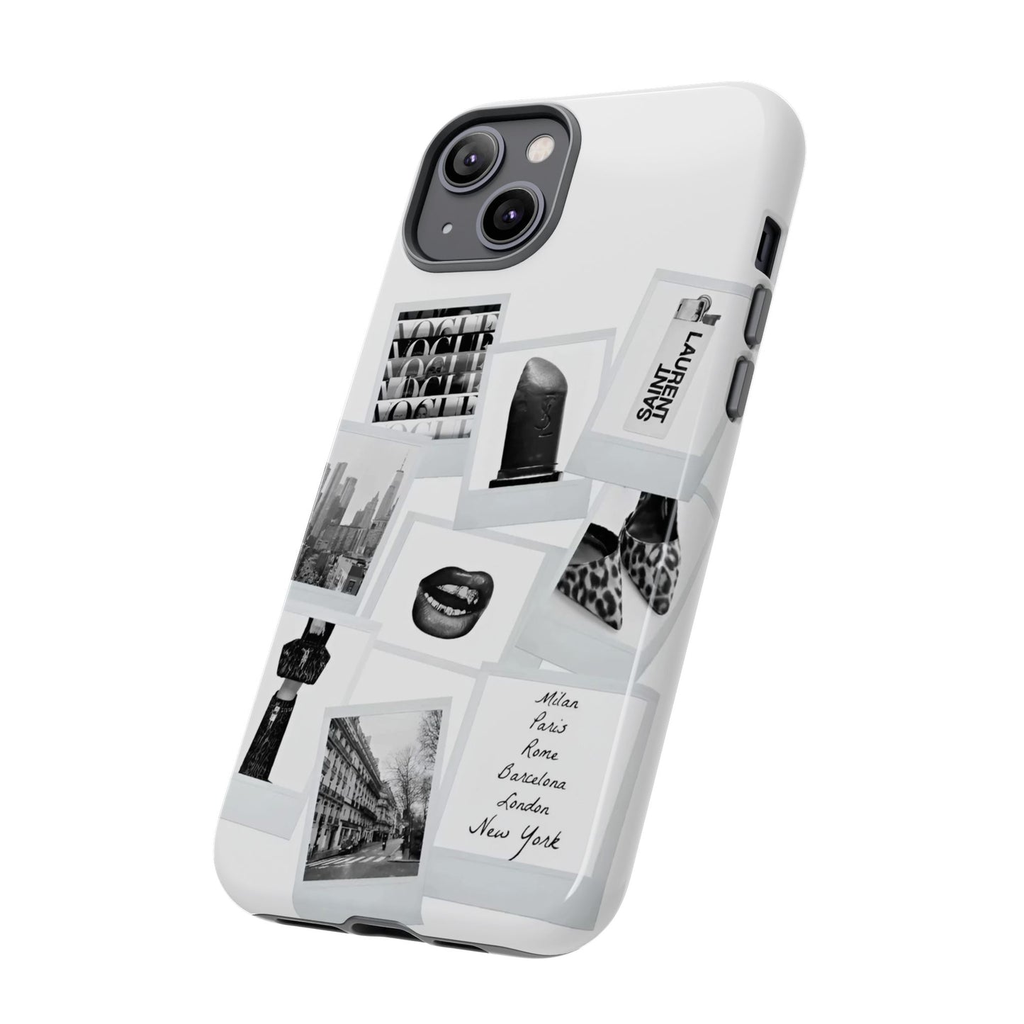Phone Case — Black & White Polaroid Collage (City, Fashion, Lipstick)
