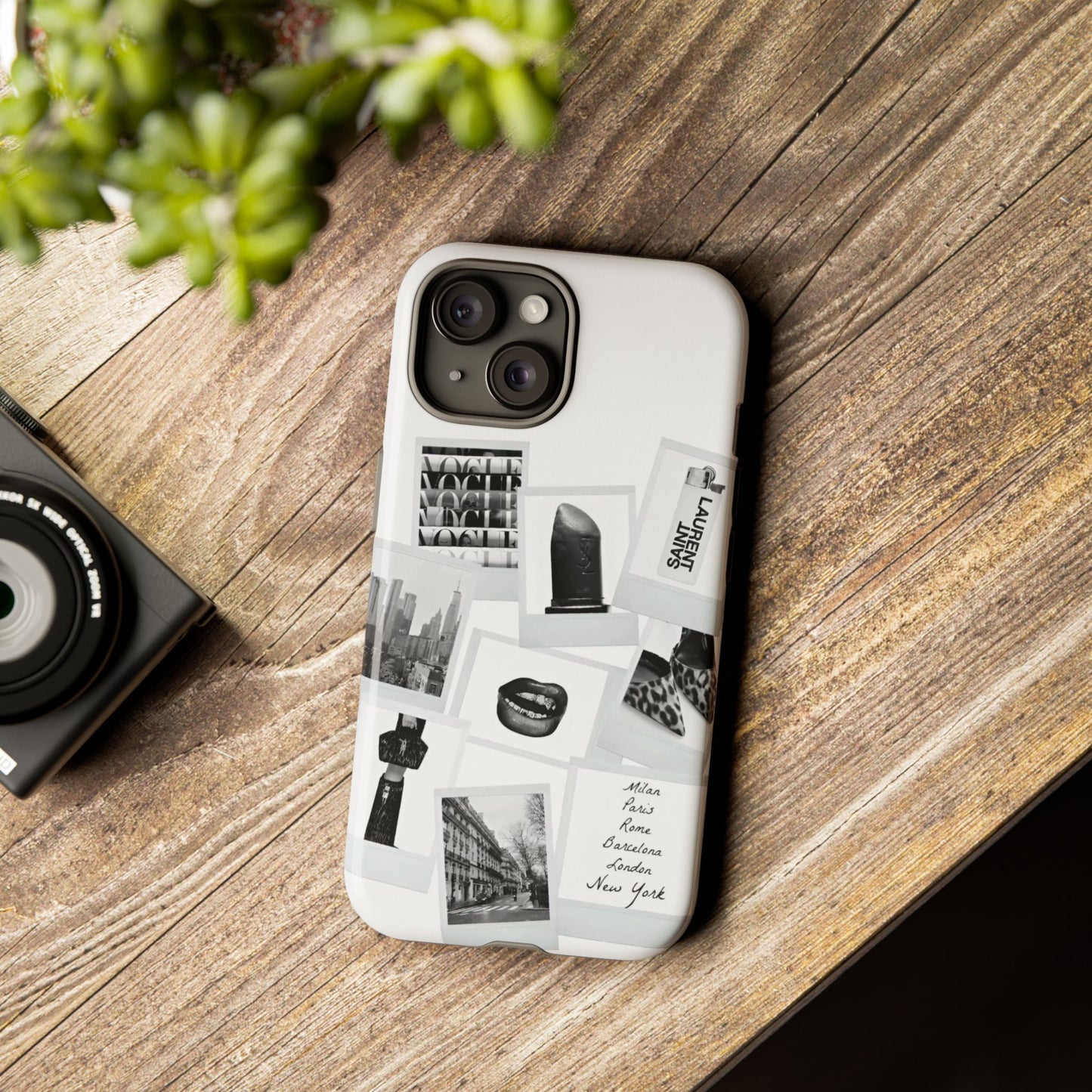 Phone Case — Black & White Polaroid Collage (City, Fashion, Lipstick)
