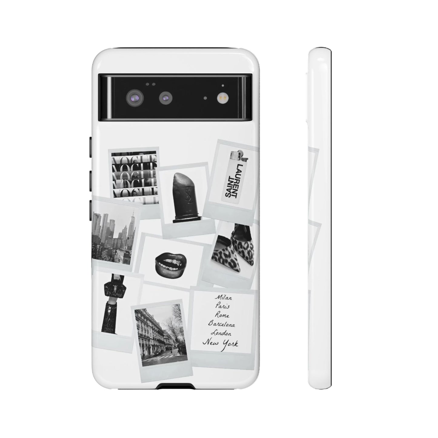 Phone Case — Black & White Polaroid Collage (City, Fashion, Lipstick)