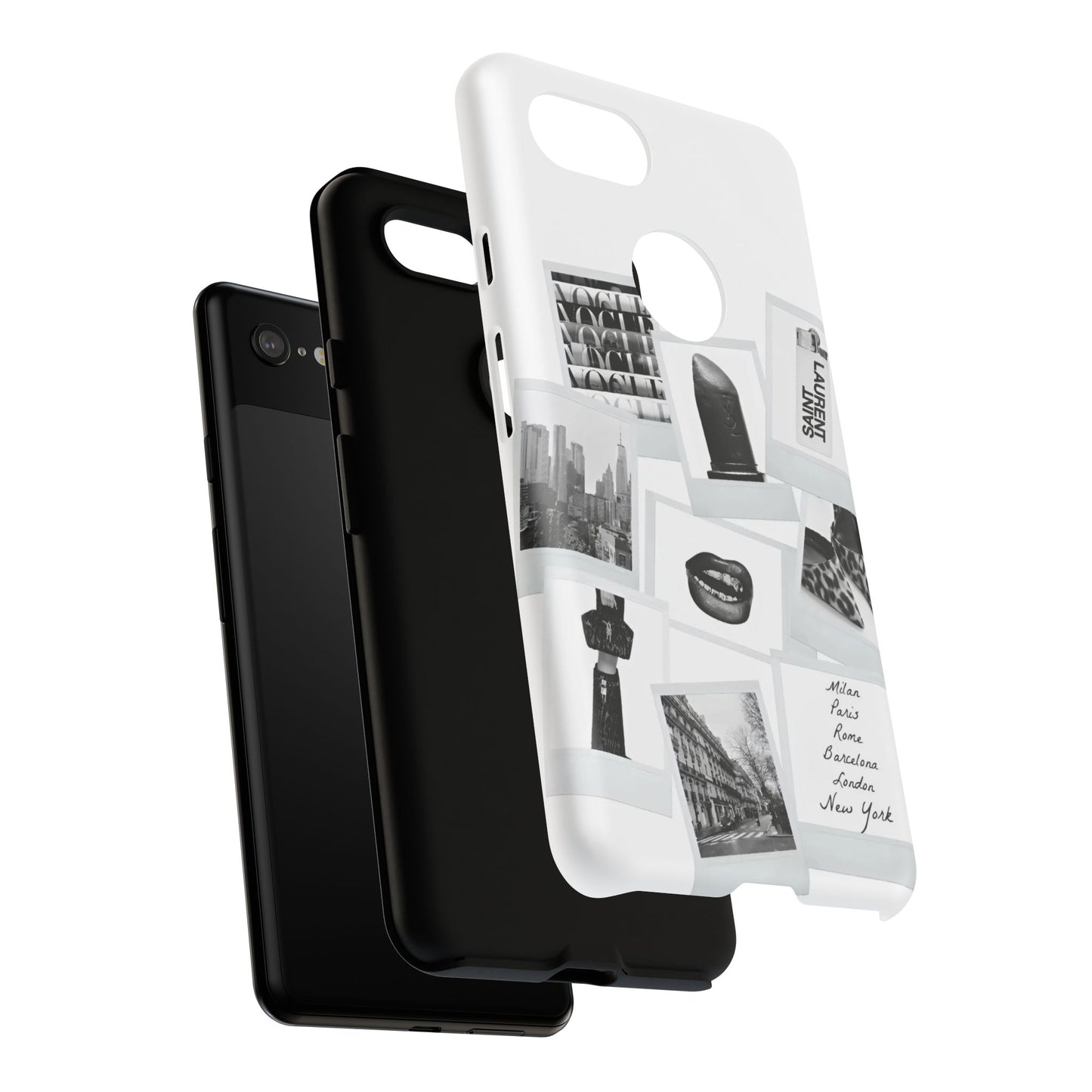 Phone Case — Black & White Polaroid Collage (City, Fashion, Lipstick)