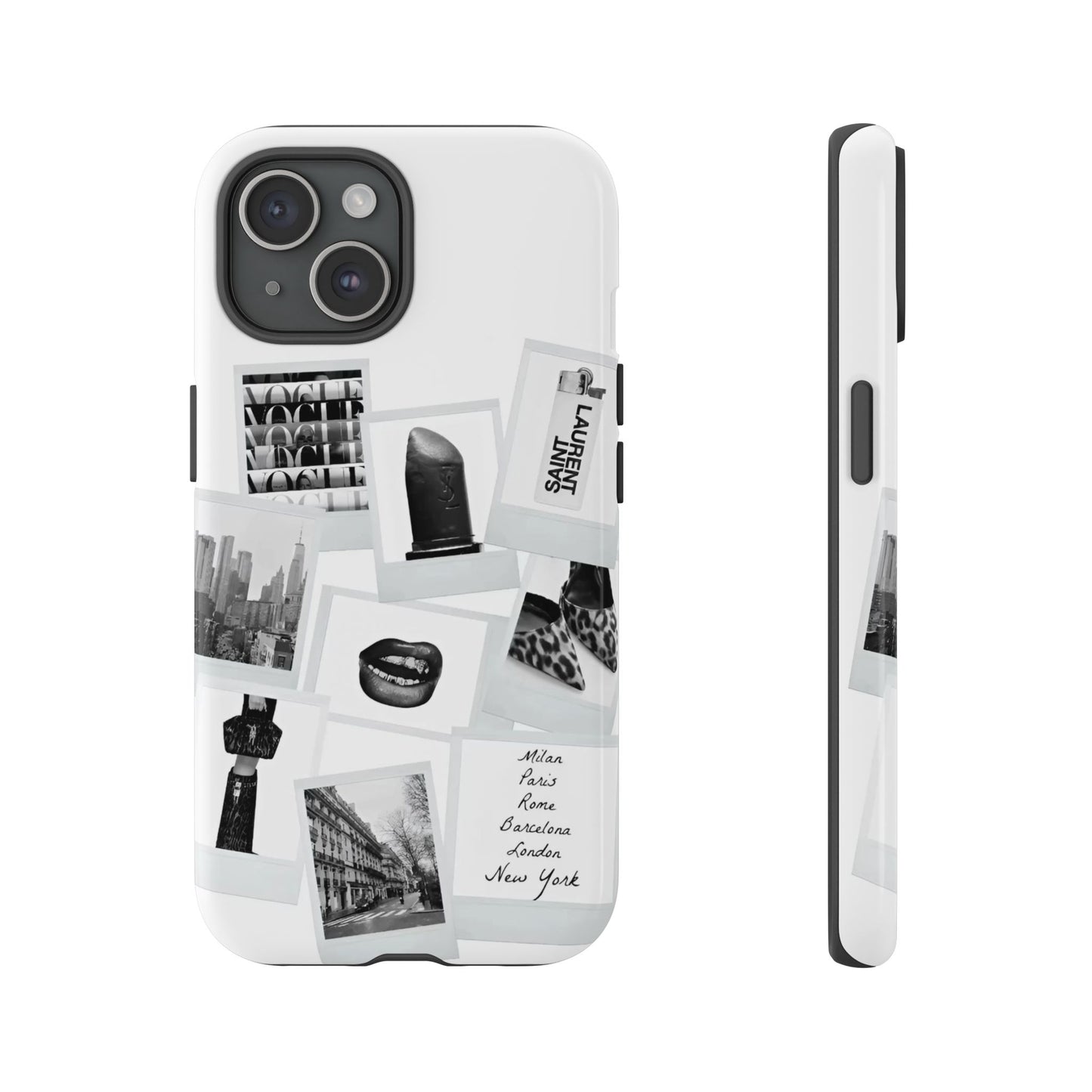 Phone Case — Black & White Polaroid Collage (City, Fashion, Lipstick)