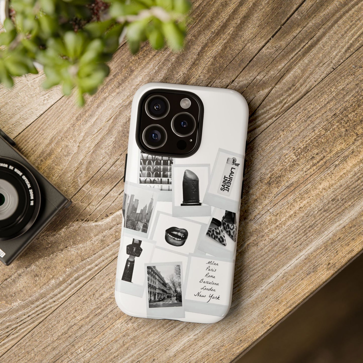 Phone Case — Black & White Polaroid Collage (City, Fashion, Lipstick)