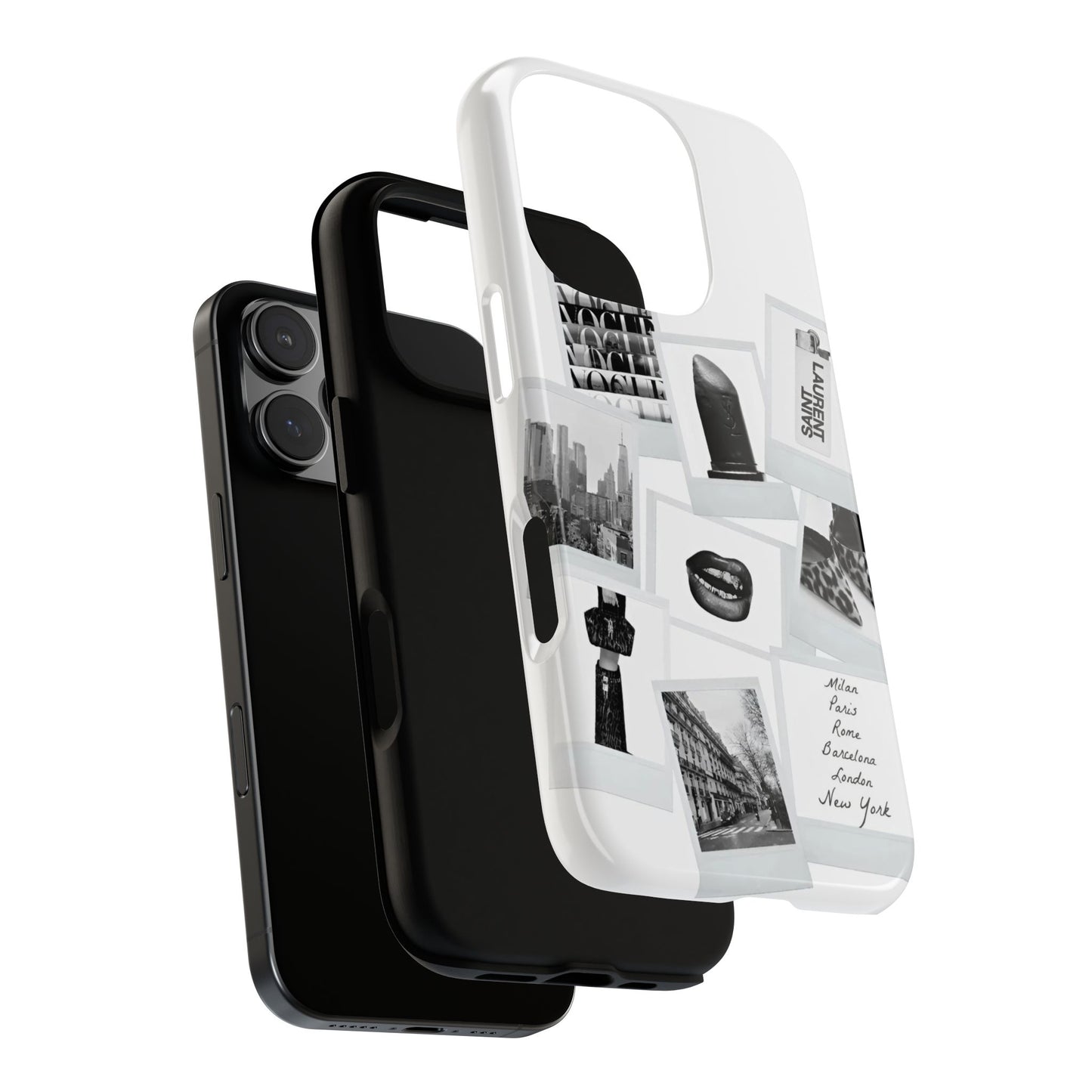 Phone Case — Black & White Polaroid Collage (City, Fashion, Lipstick)