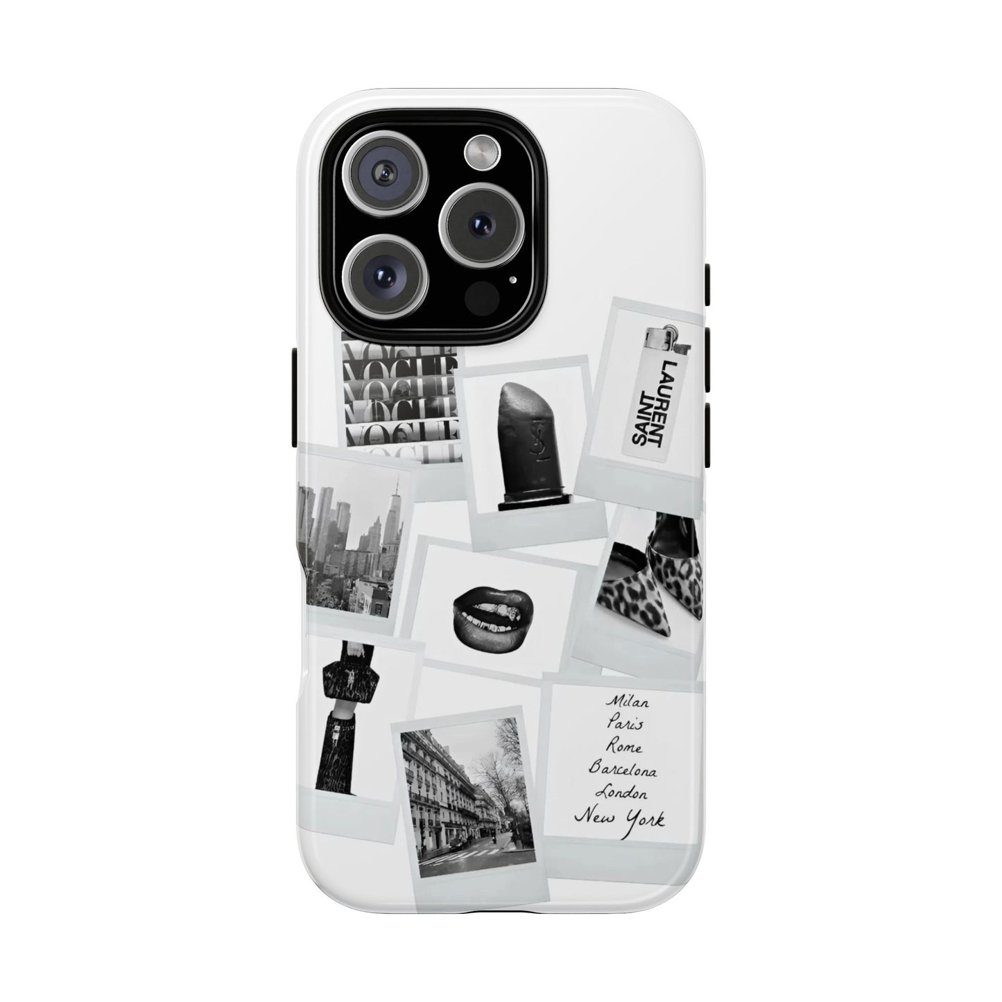 Phone Case — Black & White Polaroid Collage (City, Fashion, Lipstick)