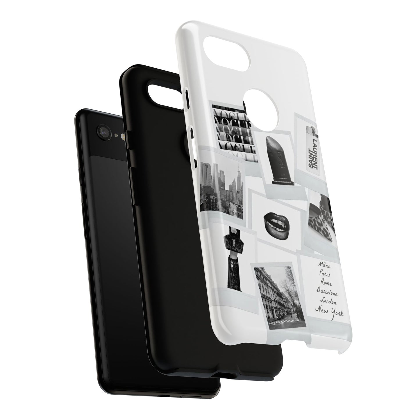 Phone Case — Black & White Polaroid Collage (City, Fashion, Lipstick)