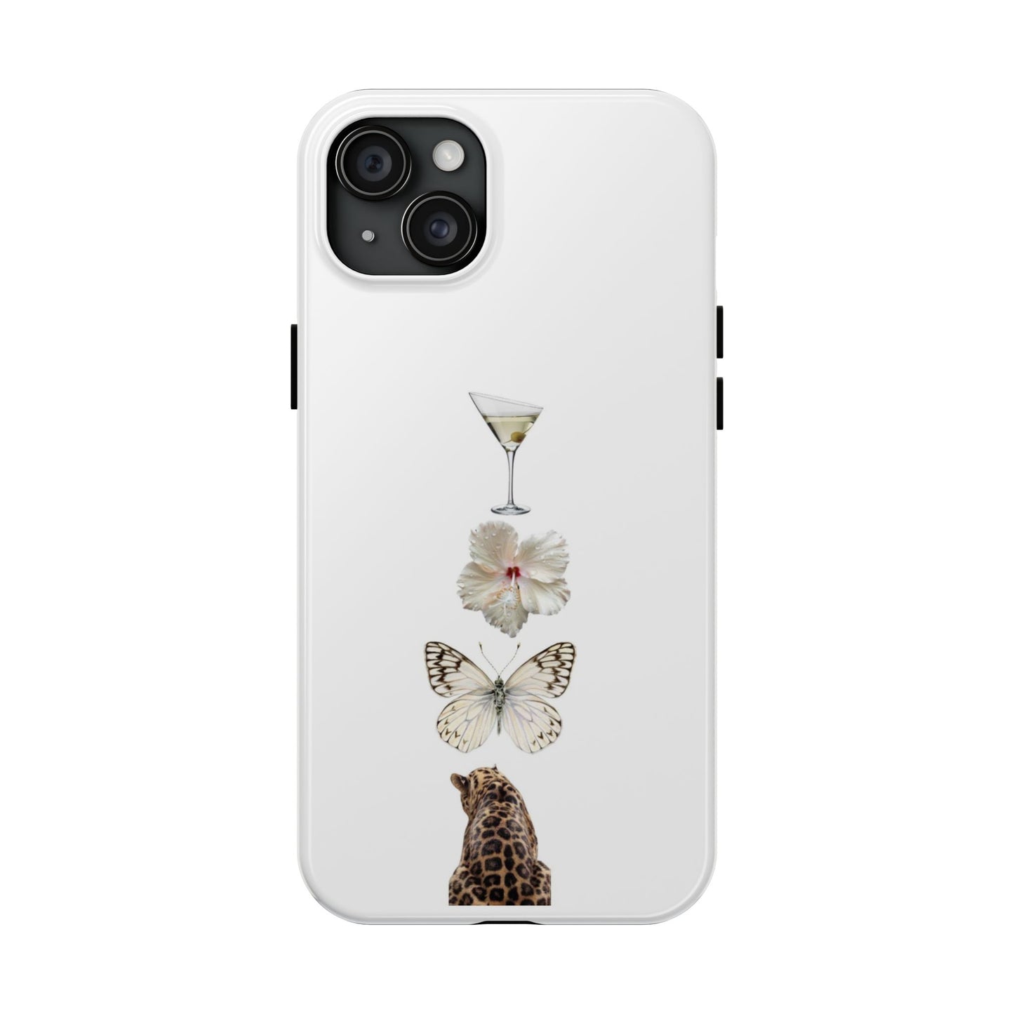 Elegant Nature-Inspired Tough Phone Case with Martini, Flower, Butterfly, and Leopard Design