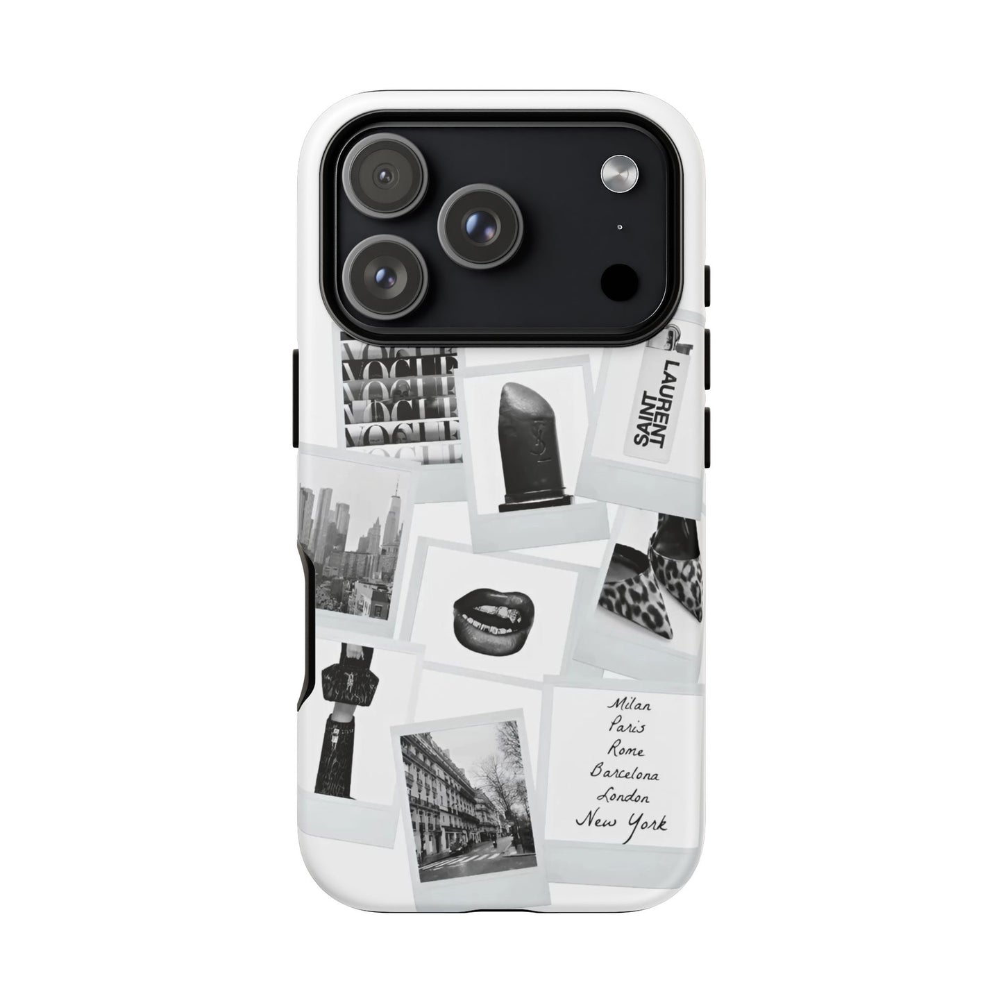 Phone Case — Black & White Polaroid Collage (City, Fashion, Lipstick)